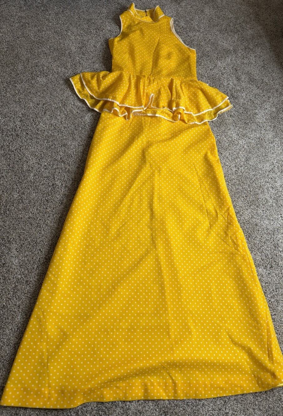 Vintage 1960s Yellow Polka Dot Ruffle Peplum Dress 60s Mod Secretary Size XS